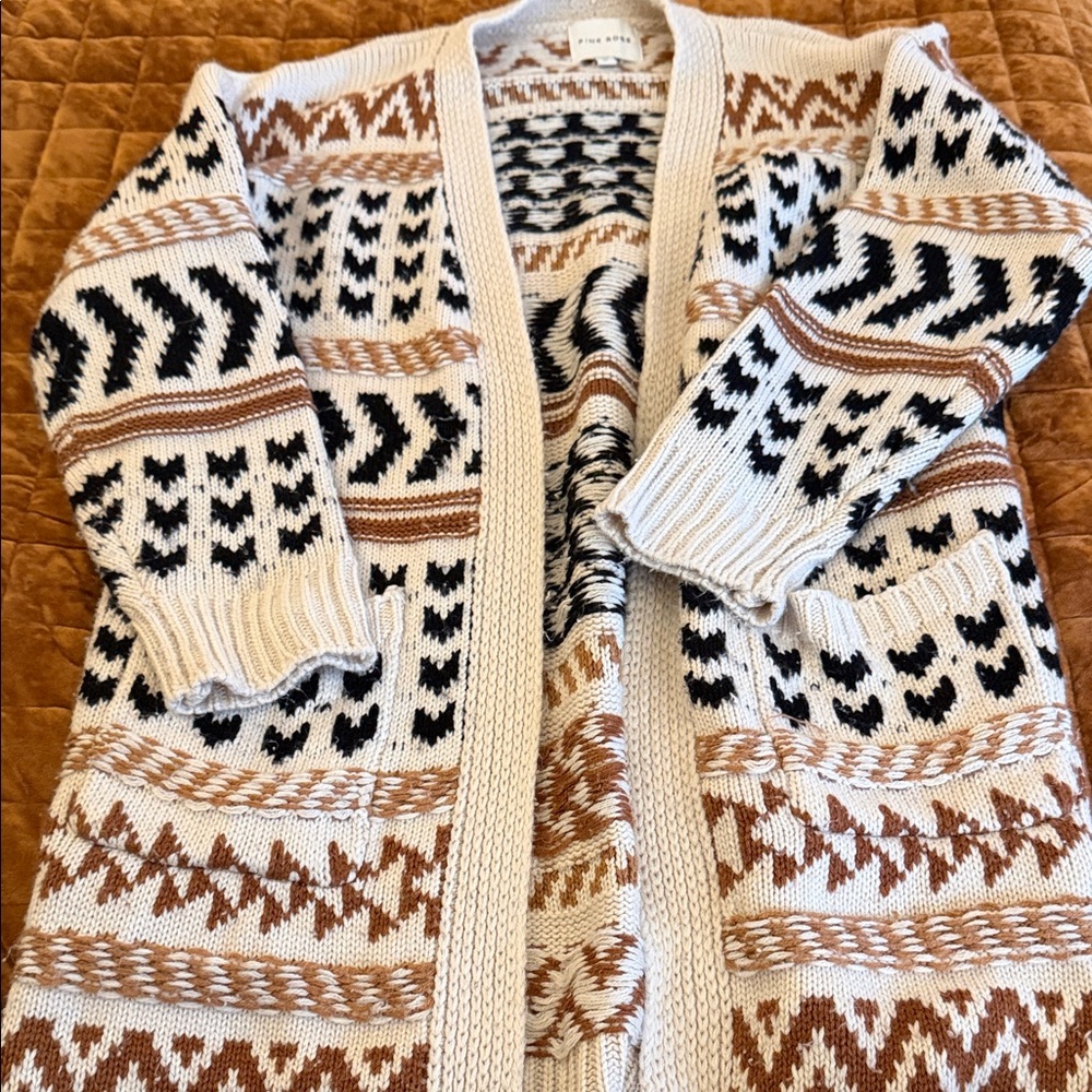 (5/$20) Pink Rose Cream, Black & Brown Patterned Open-Front Cardigan